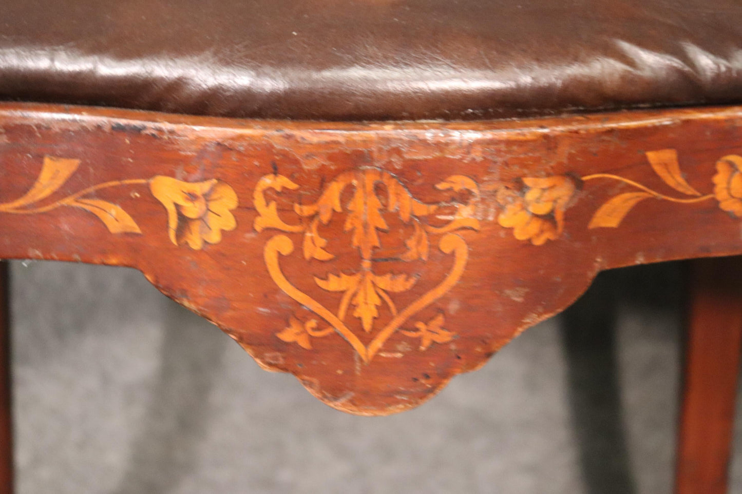 Leather Upholstered Dutch Marquetry Inlaid Window Bench Circa 1900