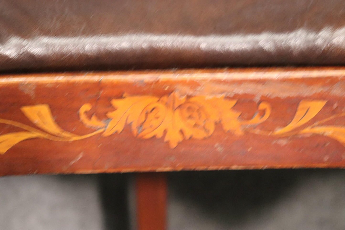 Leather Upholstered Dutch Marquetry Inlaid Window Bench Circa 1900