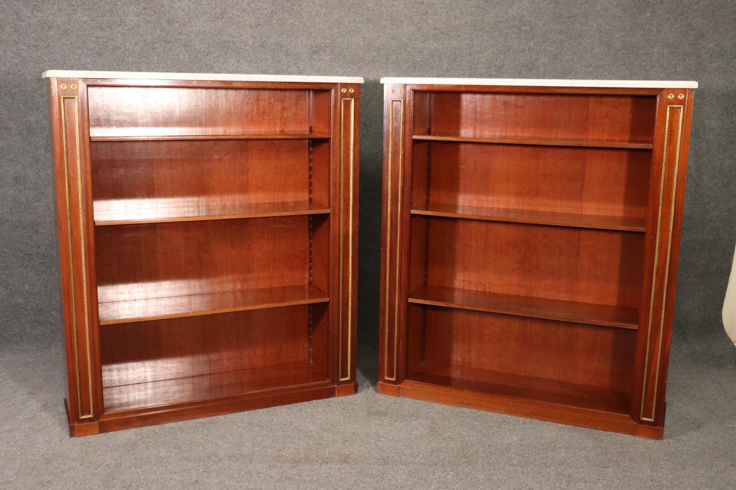 Pair of Signed Maison Jansen Marble Top Brass Trimmed Bookcases Book Shelves