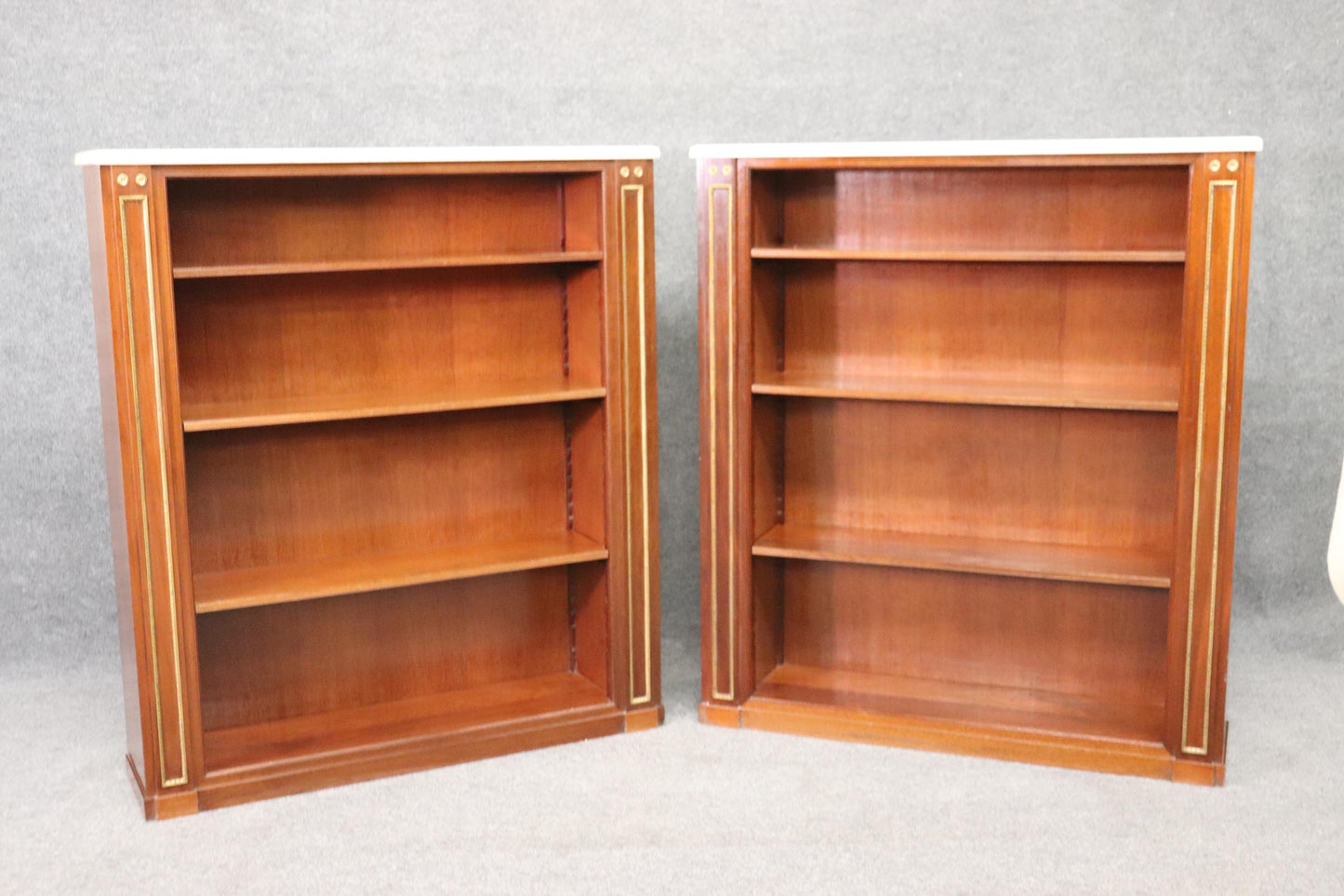 Pair of Signed Maison Jansen Marble Top Brass Trimmed Bookcases Book Shelves