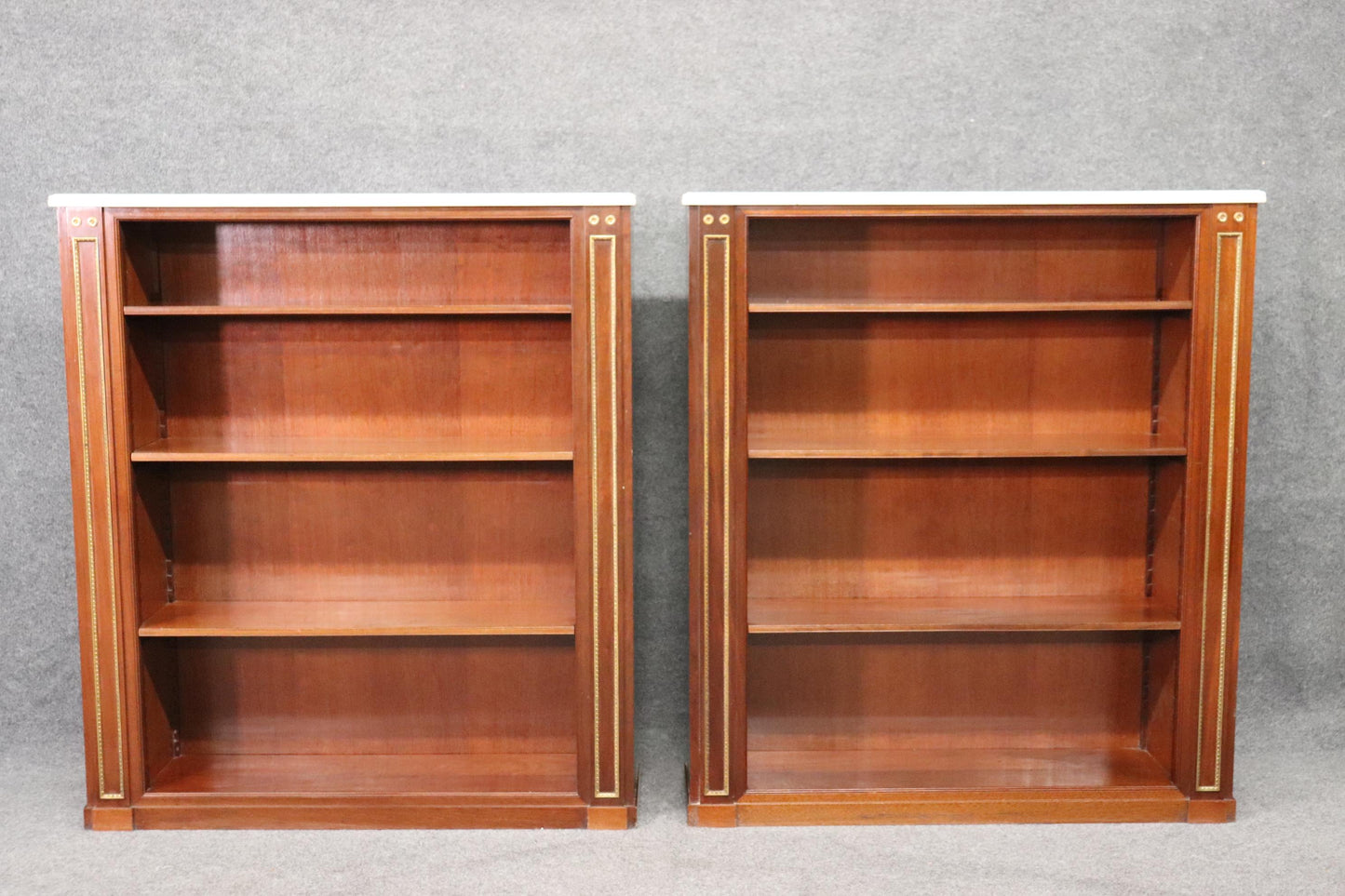 Pair of Signed Maison Jansen Marble Top Brass Trimmed Bookcases Book Shelves