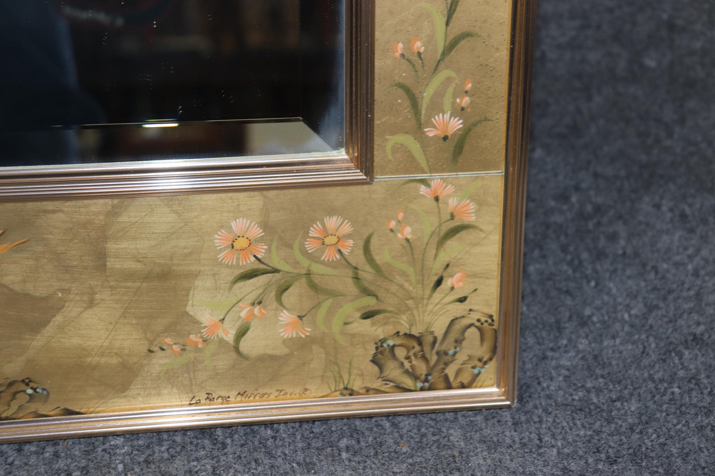 Very Large LaBarge Reverse Paint Decorated Chinoiserie Eglomise Beveled Mirror