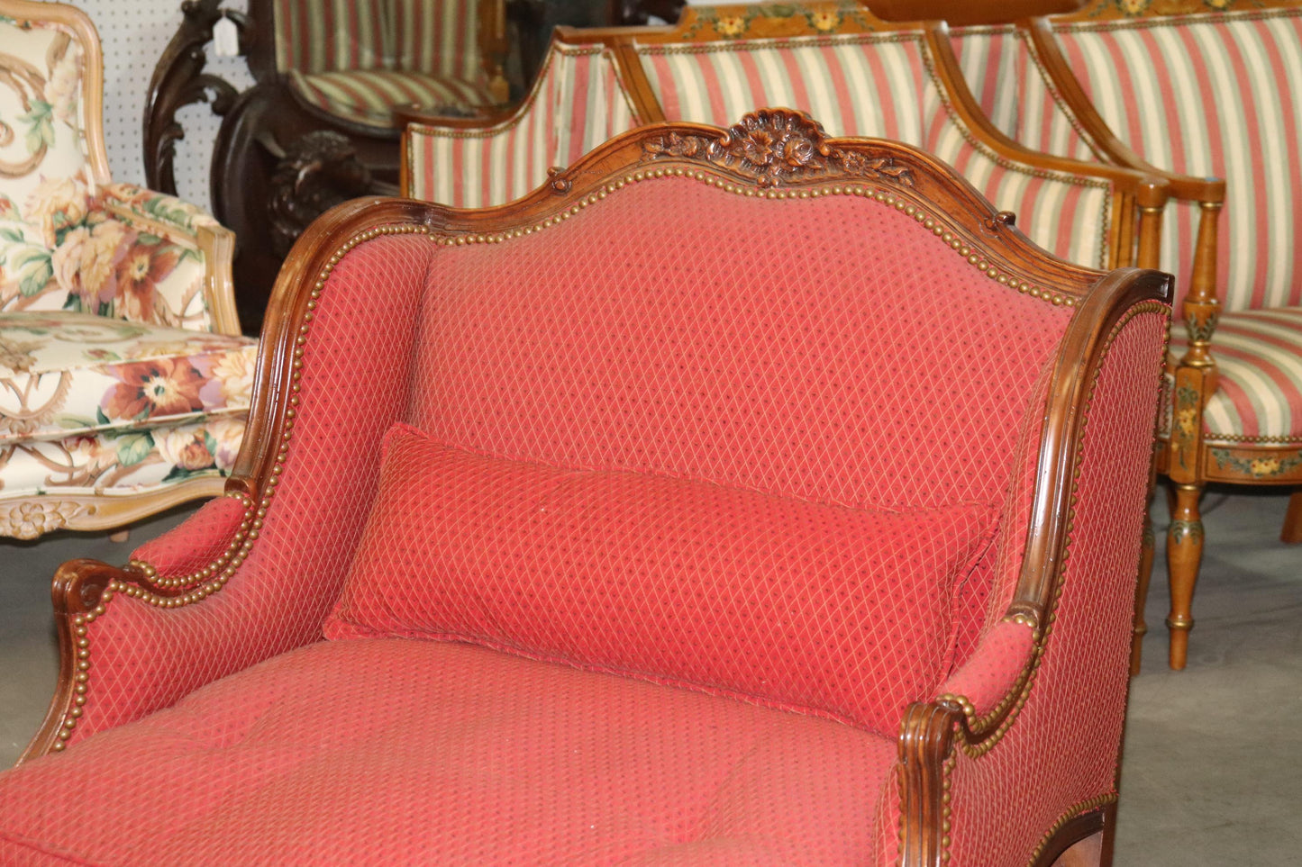 Fine Pair Carved Walnut French Louis XV Style Bergere Chairs Marquis Circa 1960s