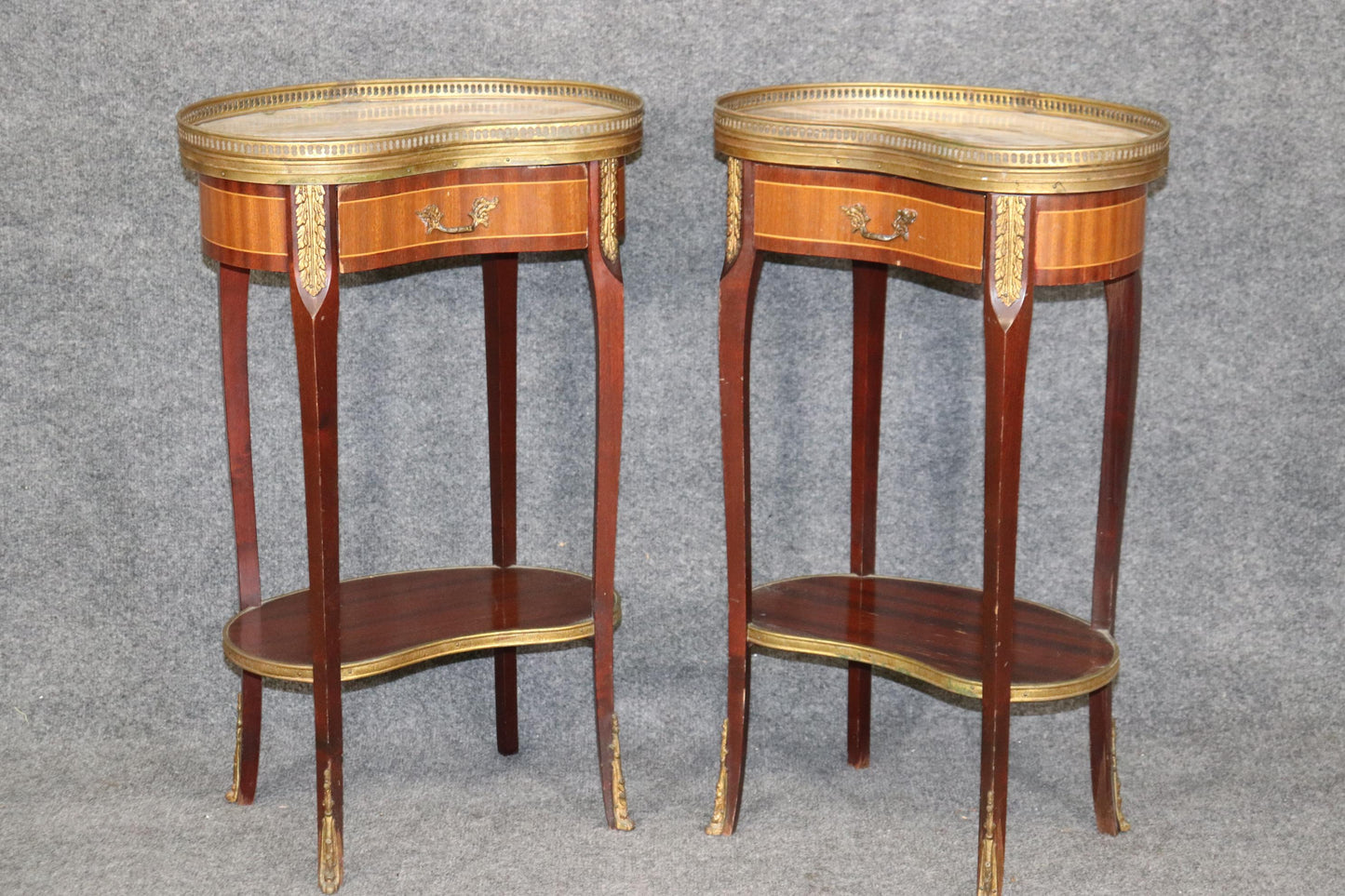 Pair of Marble Top Satinwood French Louis XV Kidney Shape Nightstands circa 1940