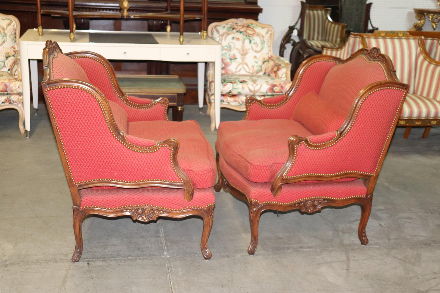 Fine Pair Carved Walnut French Louis XV Style Bergere Chairs Marquis Circa 1960s