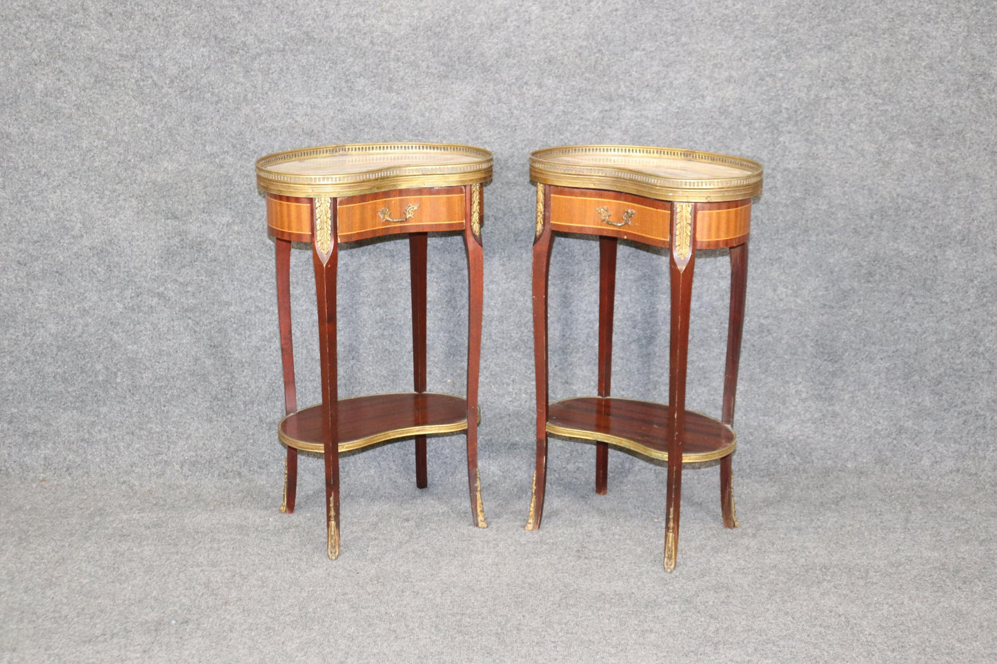 Pair of Marble Top Satinwood French Louis XV Kidney Shape Nightstands circa 1940