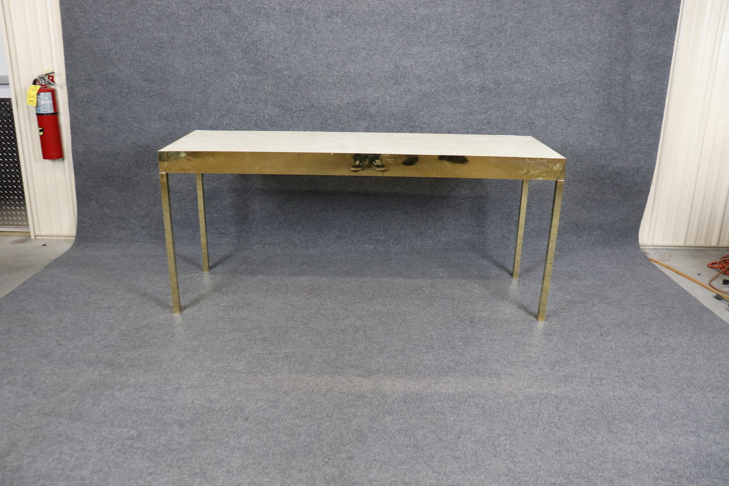 Sleek Contemporary Brass Flashed Faux Leather Milo Baughman Style Console Table