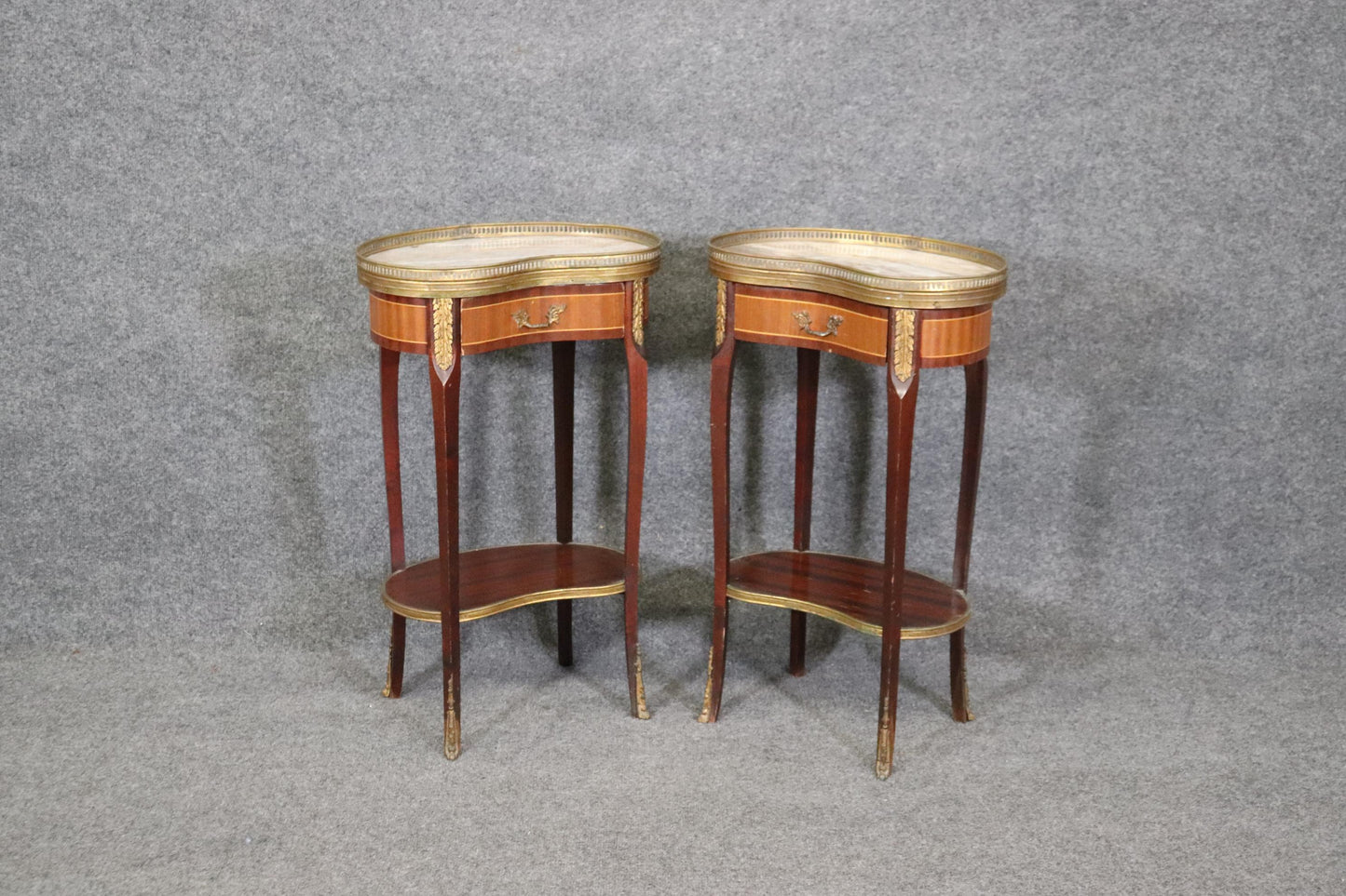 Pair of Marble Top Satinwood French Louis XV Kidney Shape Nightstands circa 1940