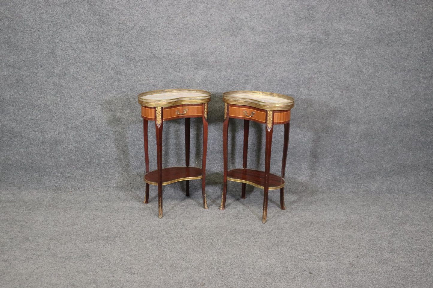 Pair of Marble Top Satinwood French Louis XV Kidney Shape Nightstands circa 1940