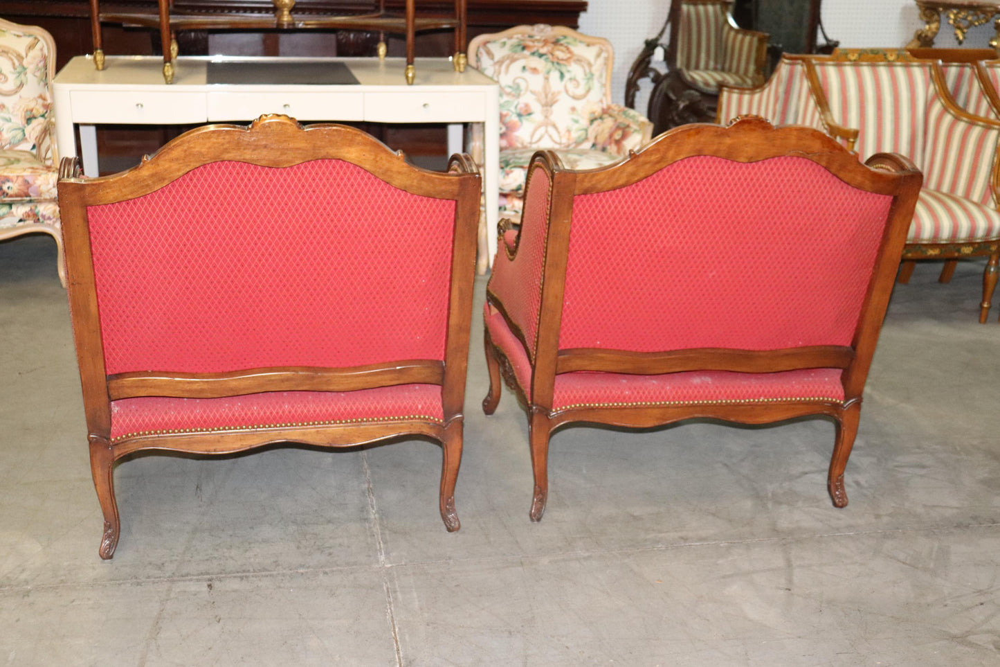 Fine Pair Carved Walnut French Louis XV Style Bergere Chairs Marquis Circa 1960s