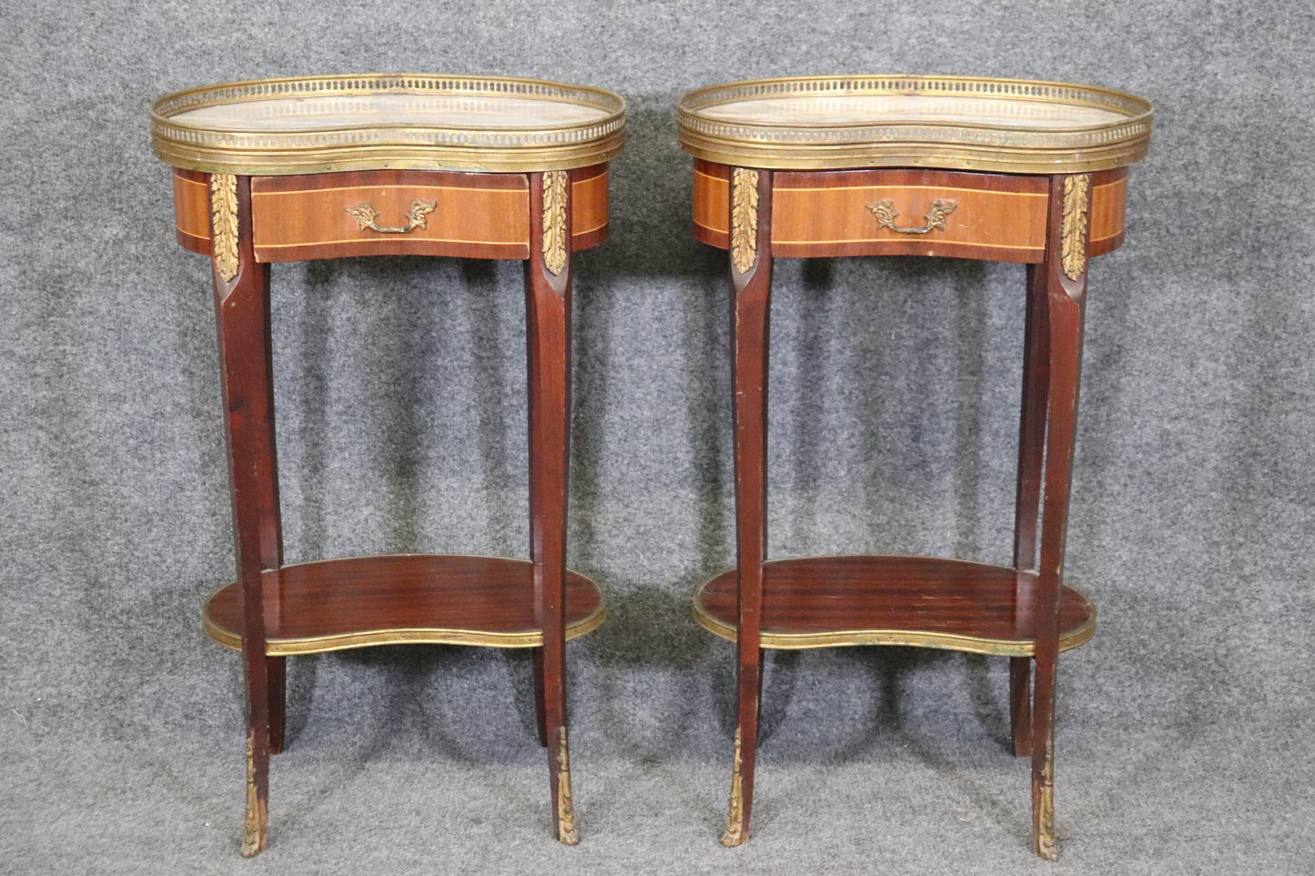 Pair of Marble Top Satinwood French Louis XV Kidney Shape Nightstands circa 1940