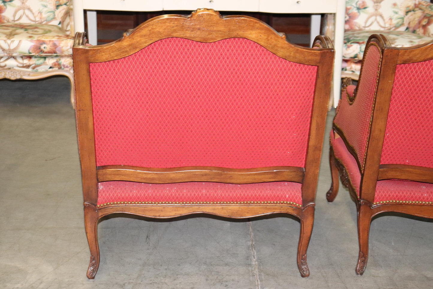 Fine Pair Carved Walnut French Louis XV Style Bergere Chairs Marquis Circa 1960s