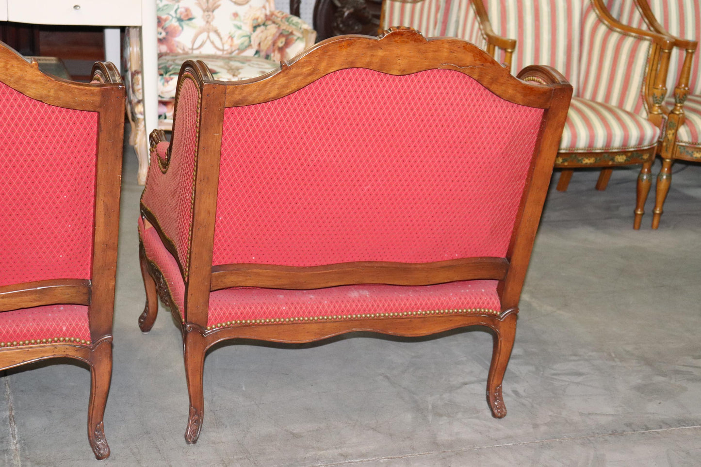 Fine Pair Carved Walnut French Louis XV Style Bergere Chairs Marquis Circa 1960s