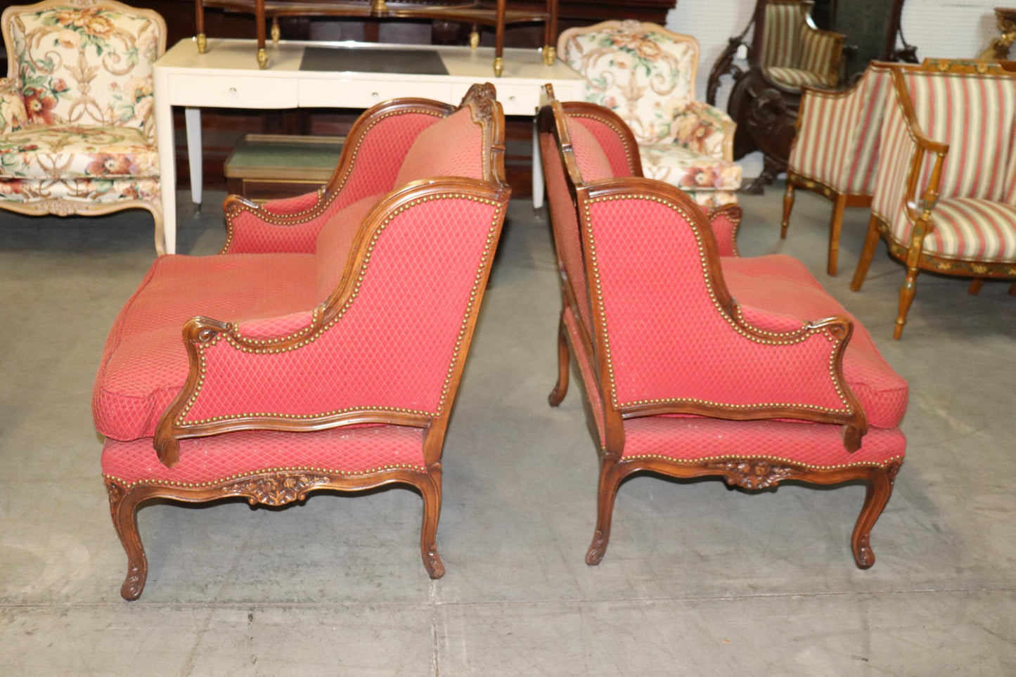 Fine Pair Carved Walnut French Louis XV Style Bergere Chairs Marquis Circa 1960s