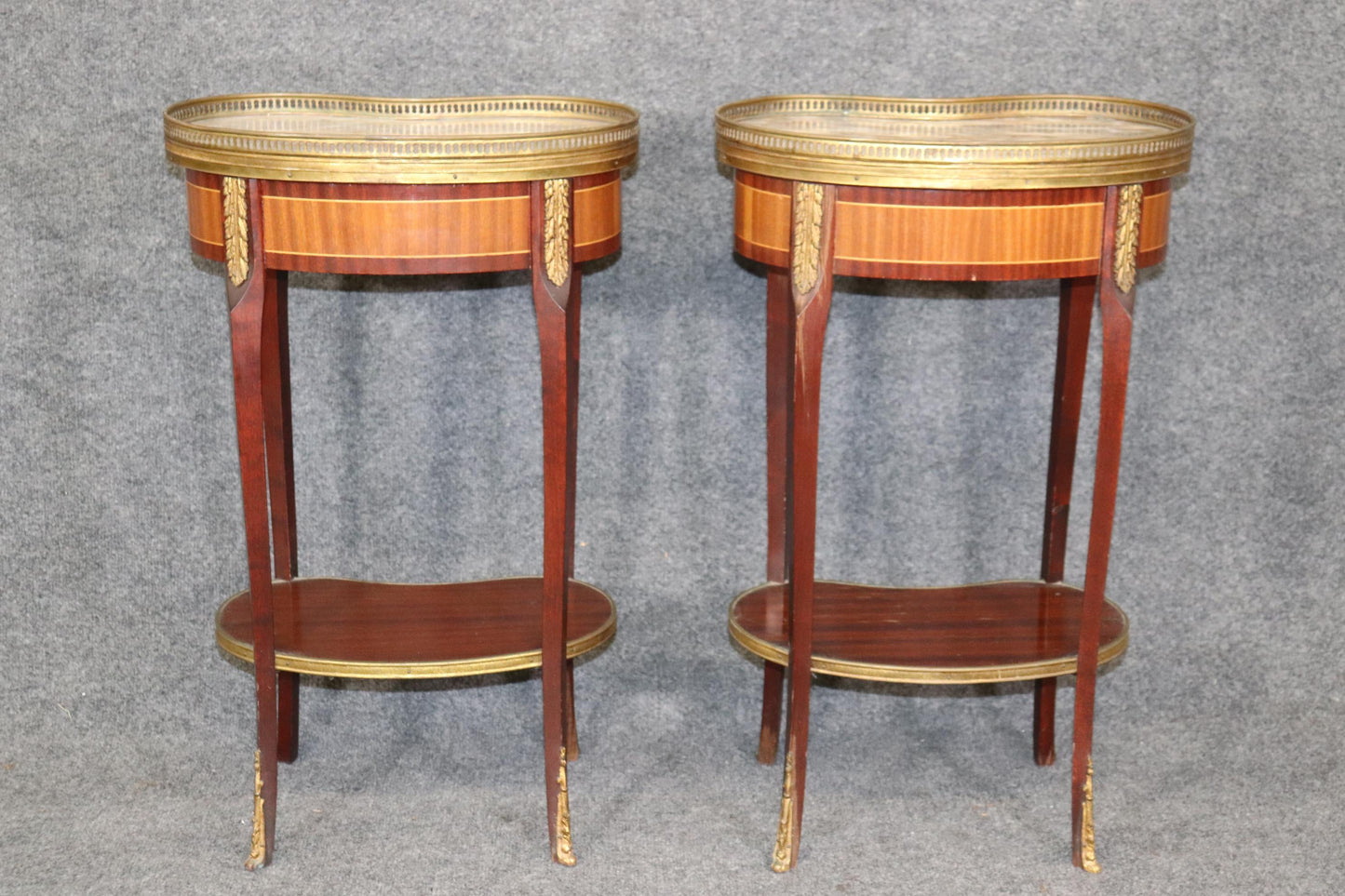 Pair of Marble Top Satinwood French Louis XV Kidney Shape Nightstands circa 1940