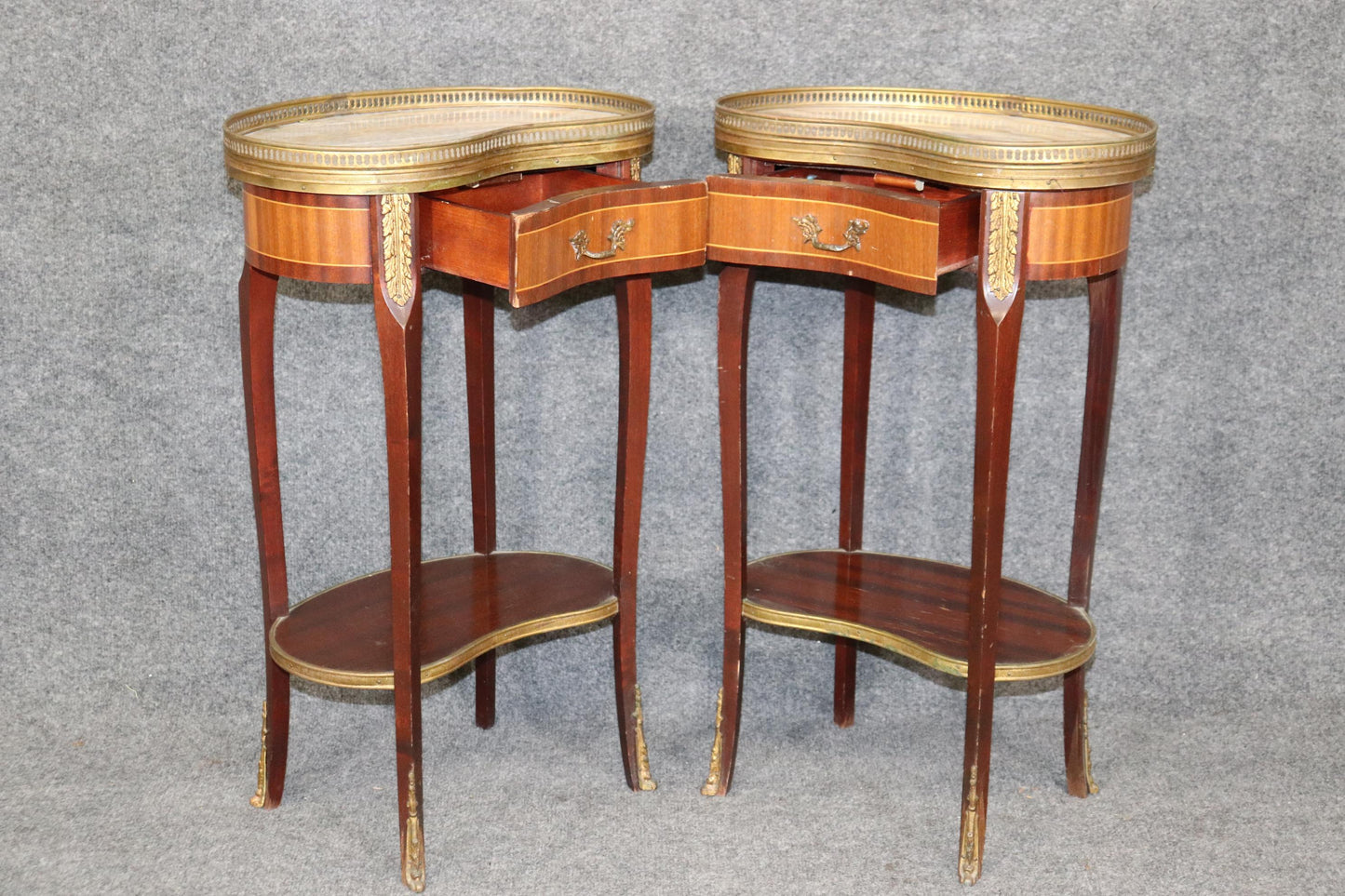 Pair of Marble Top Satinwood French Louis XV Kidney Shape Nightstands circa 1940