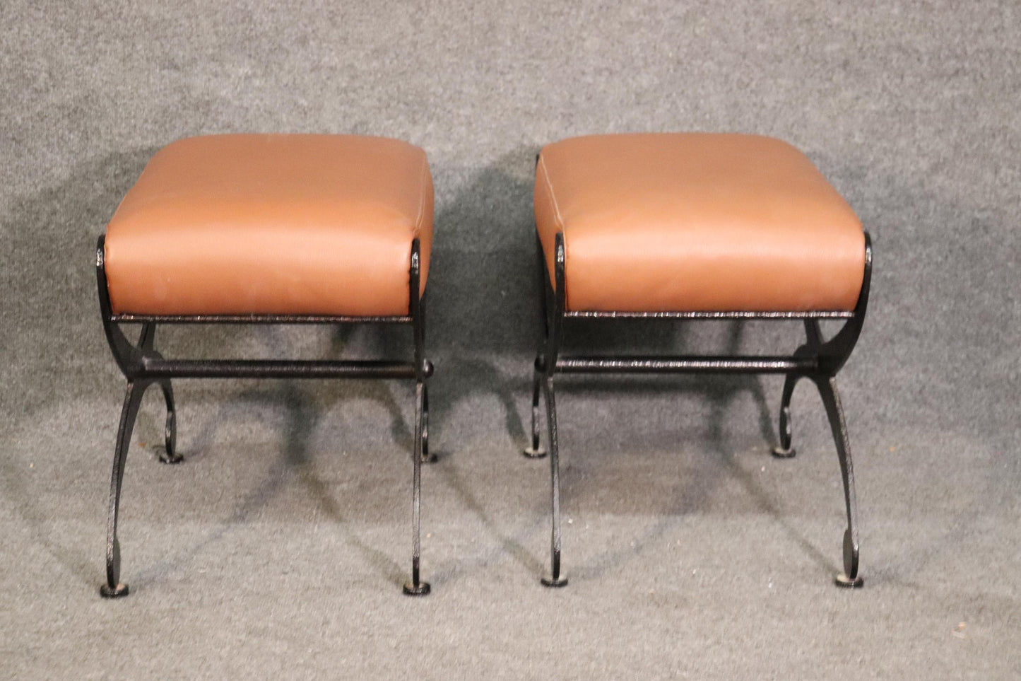 Chic Black Wrought Iron and Leather X Benches, Circa 1950