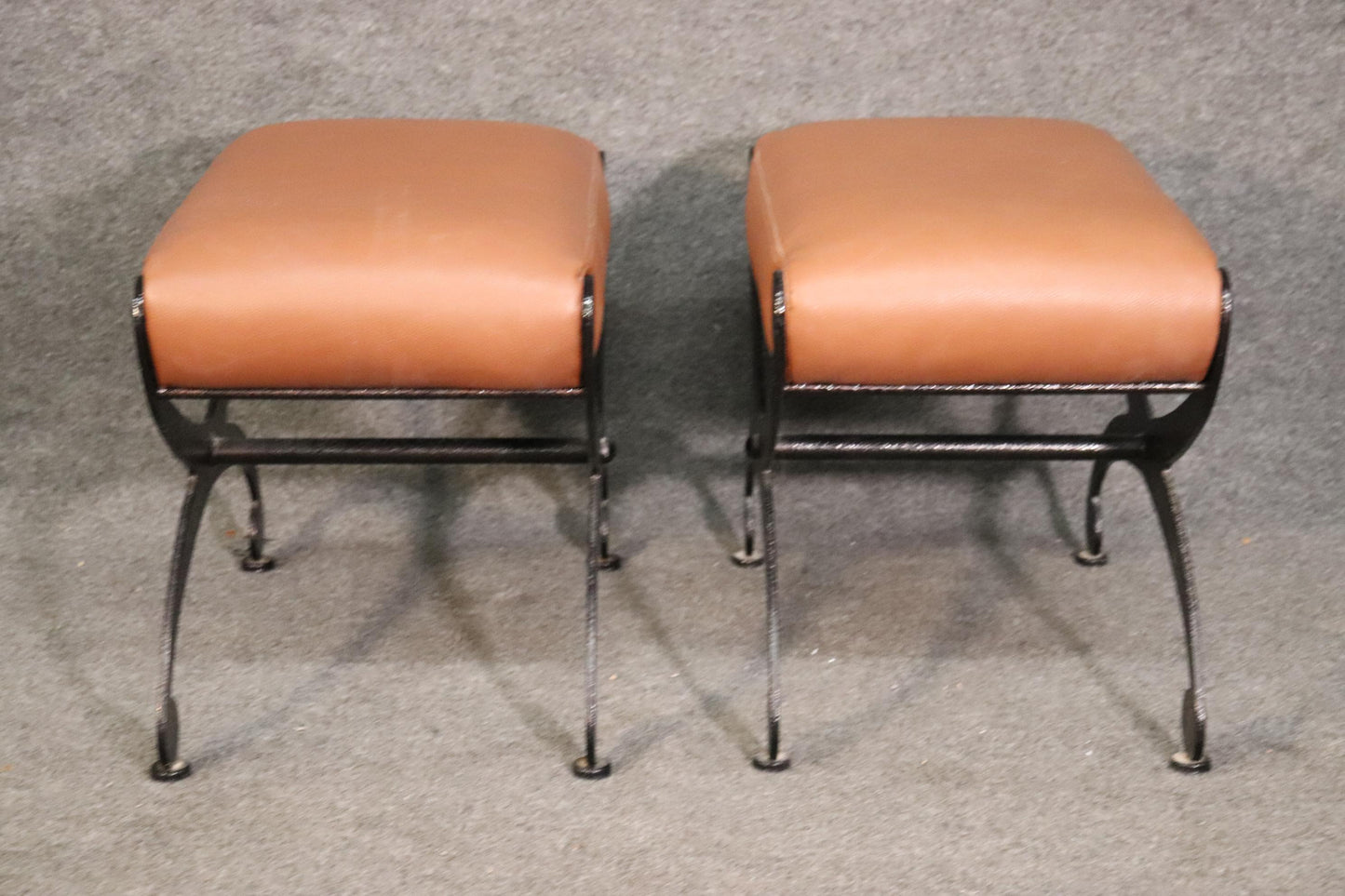 Chic Black Wrought Iron and Leather X Benches, Circa 1950