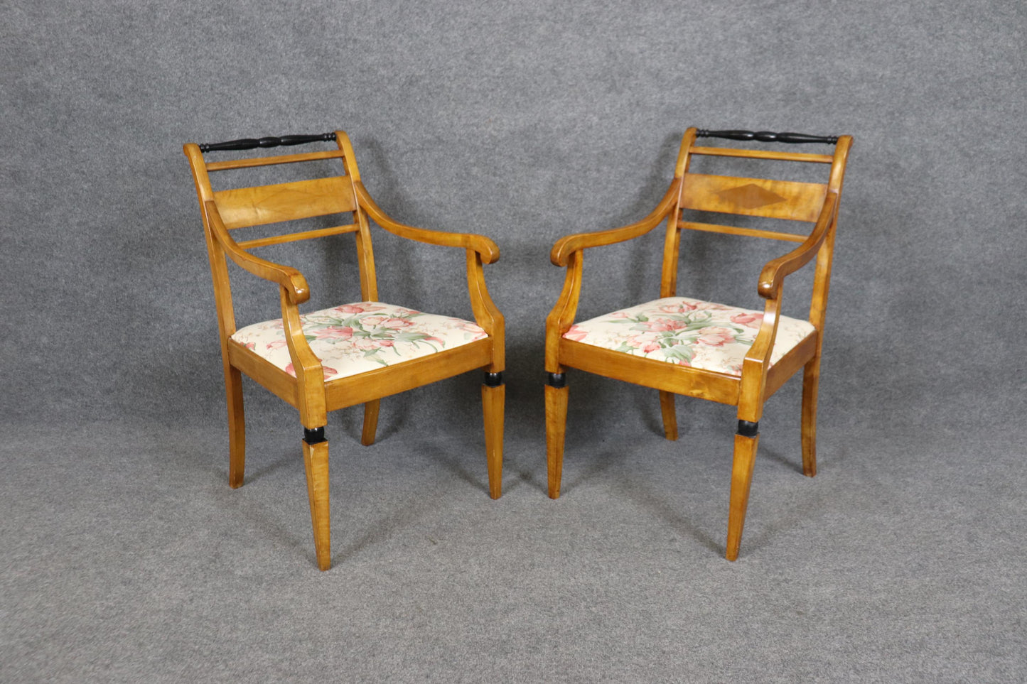 Gorgeous Pair Biedermeier Style Ebonized Birch Armchairs