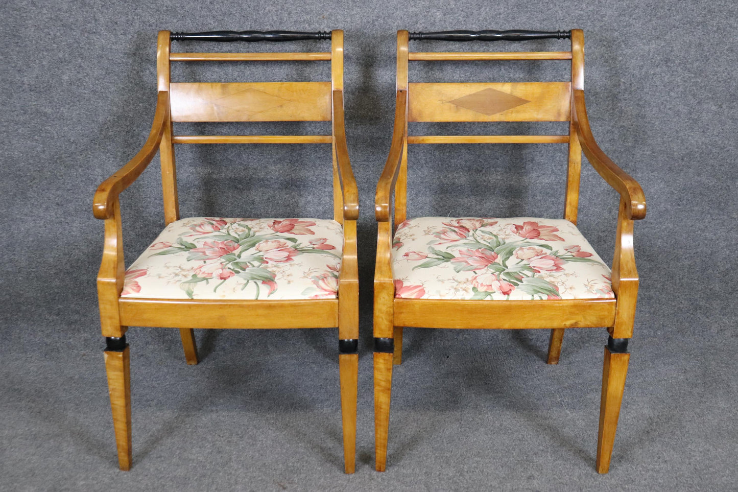 Gorgeous Pair Biedermeier Style Ebonized Birch Armchairs