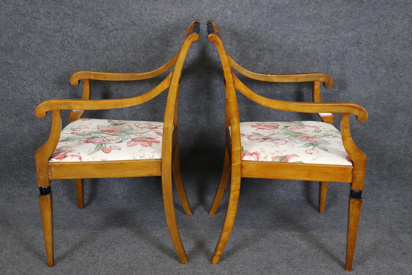 Gorgeous Pair Biedermeier Style Ebonized Birch Armchairs