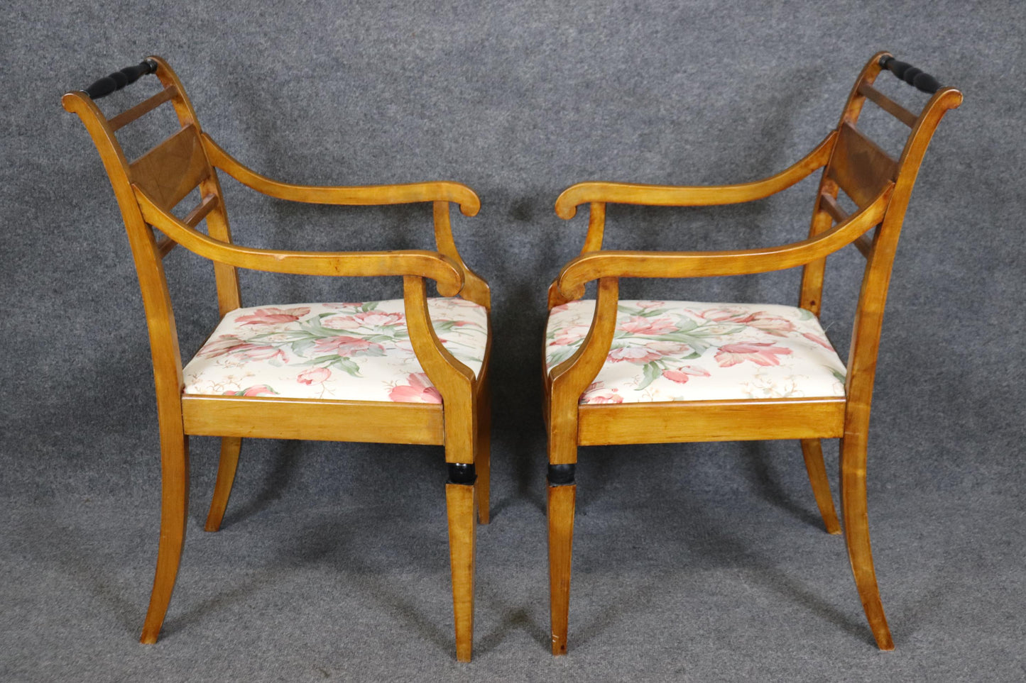 Gorgeous Pair Biedermeier Style Ebonized Birch Armchairs