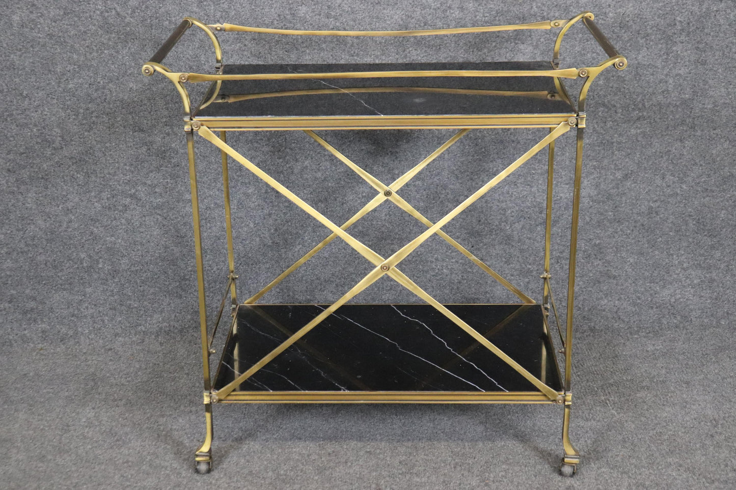 Fine Quality Forged Brass and Black and White Marble Directoire Beverage Cart