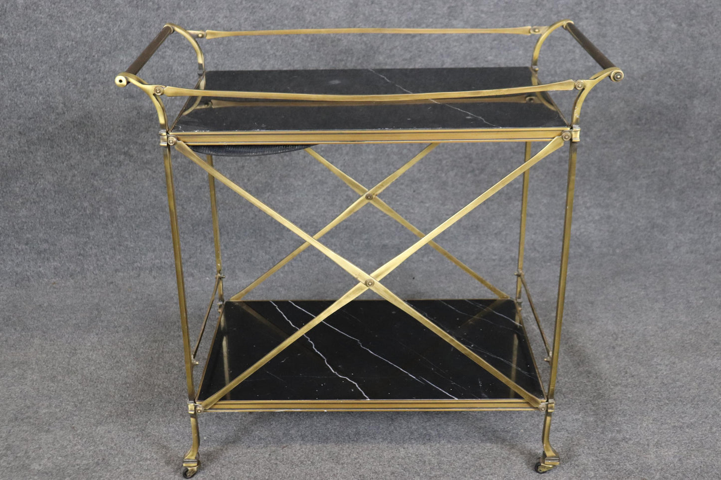 Fine Quality Forged Brass and Black and White Marble Directoire Beverage Cart