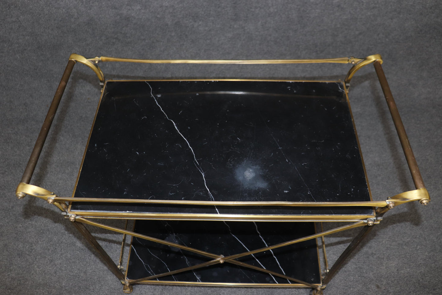 Fine Quality Forged Brass and Black and White Marble Directoire Beverage Cart