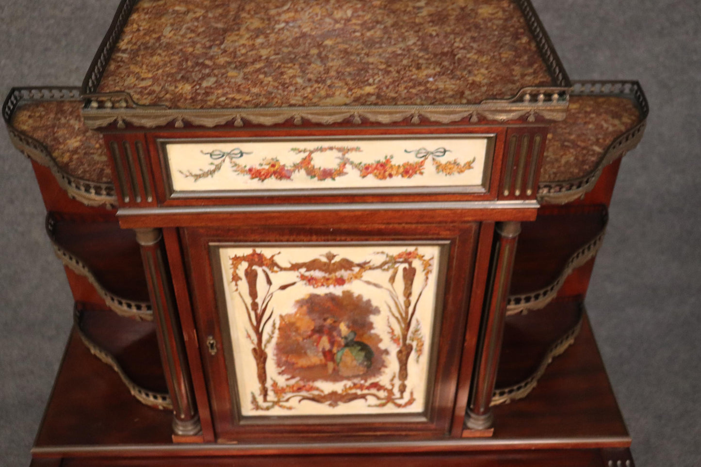 Important French Brass Inlaid Paint Decorated Rolltop Ladies Writing Desk