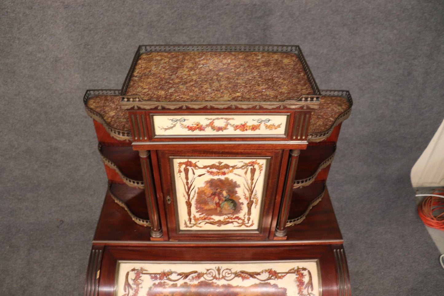 Important French Brass Inlaid Paint Decorated Rolltop Ladies Writing Desk