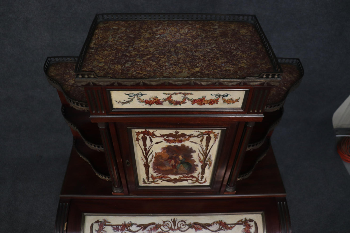 Important French Brass Inlaid Paint Decorated Rolltop Ladies Writing Desk