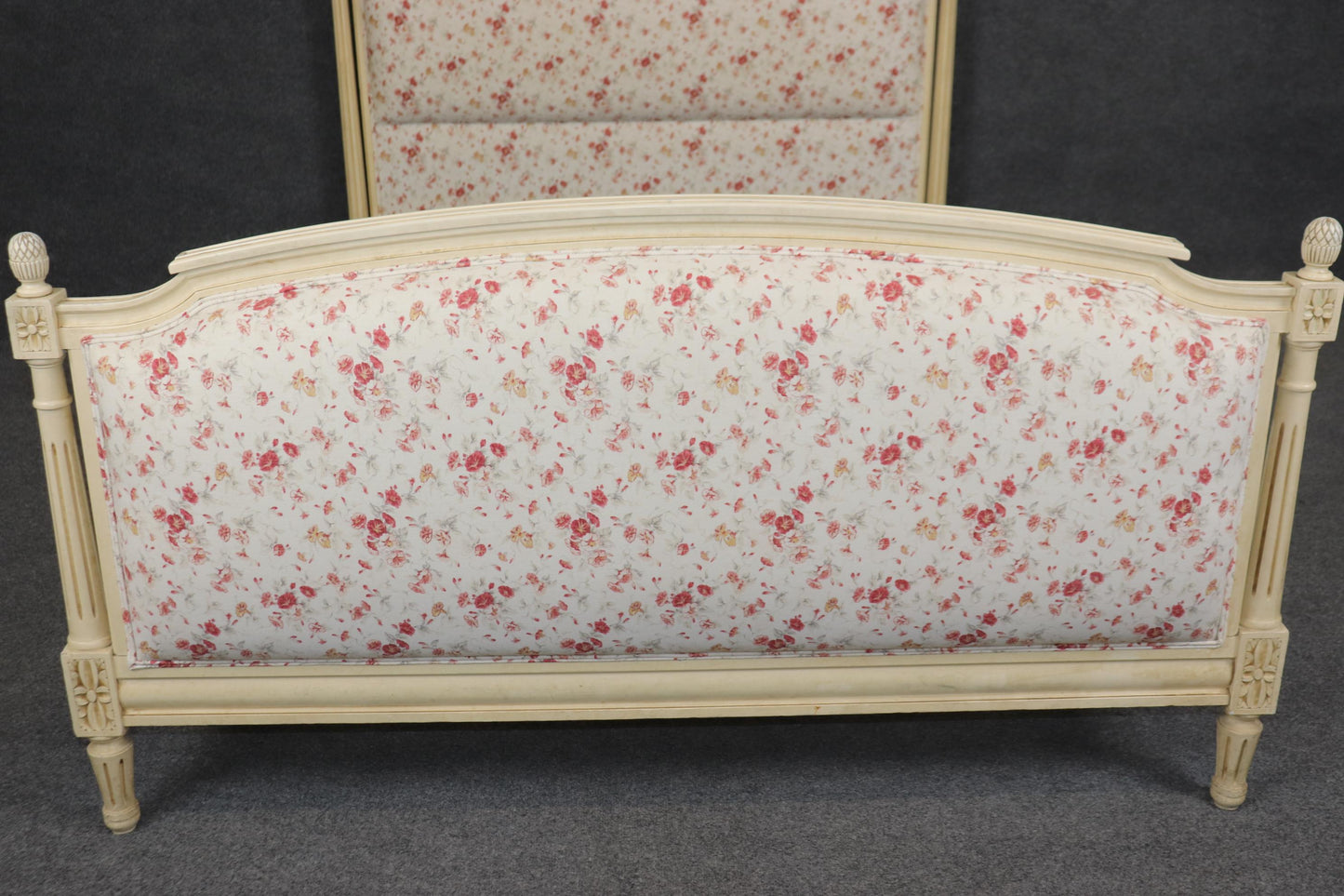 Gorgeous Creme Painted Floral Upholstered Full Double Size French Louis XV Bed