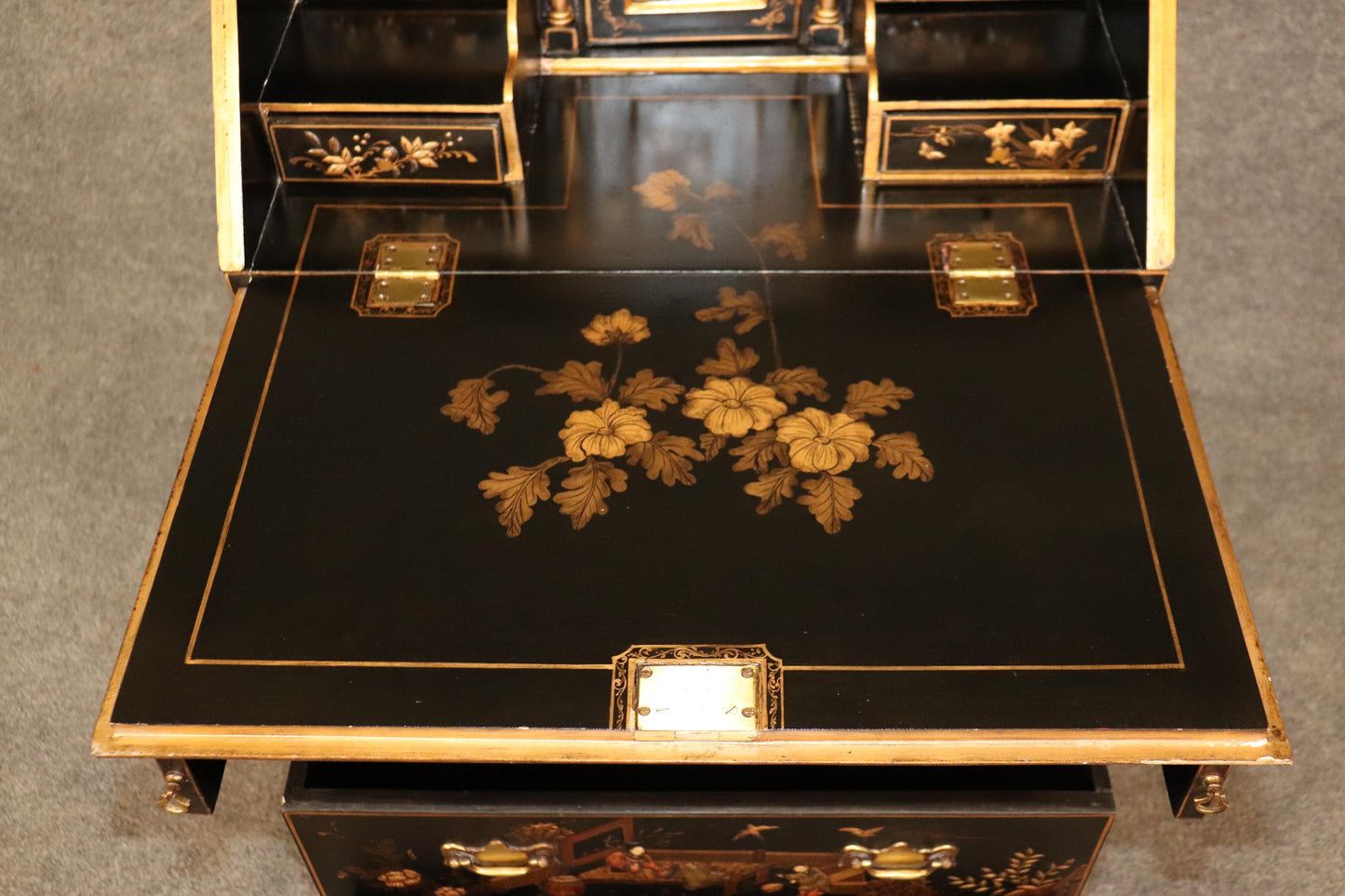 Narrow Raised Lacquer Black Chinoiserie Slatfront Secretary Desk circa 1950