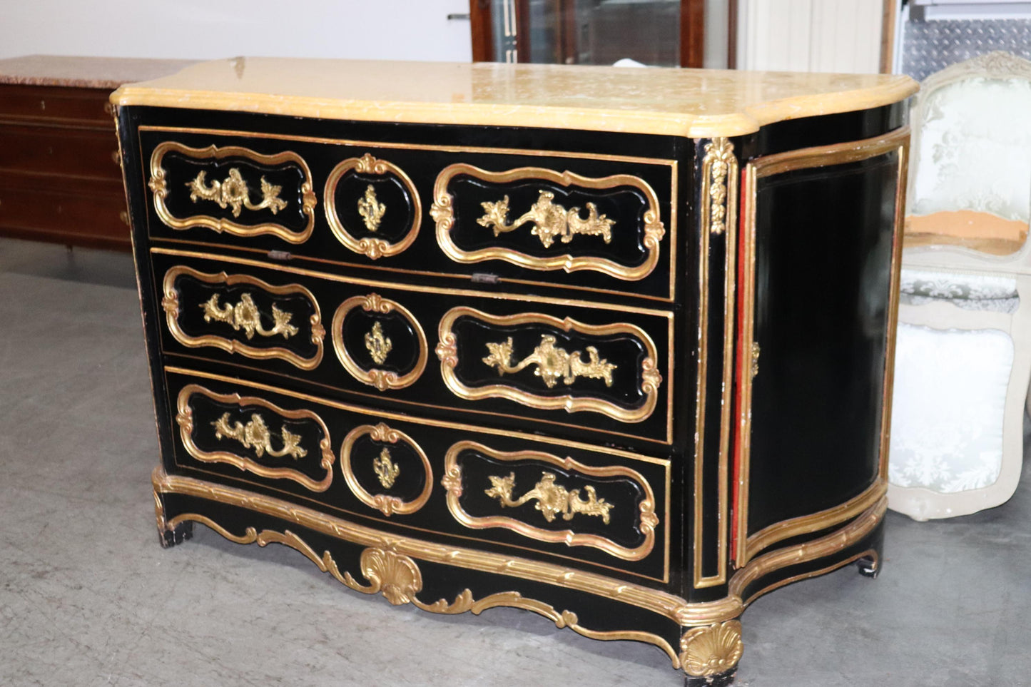 Huge Gilded Ebonized Period French Louis XV Marble Top Butlers Desk Commode