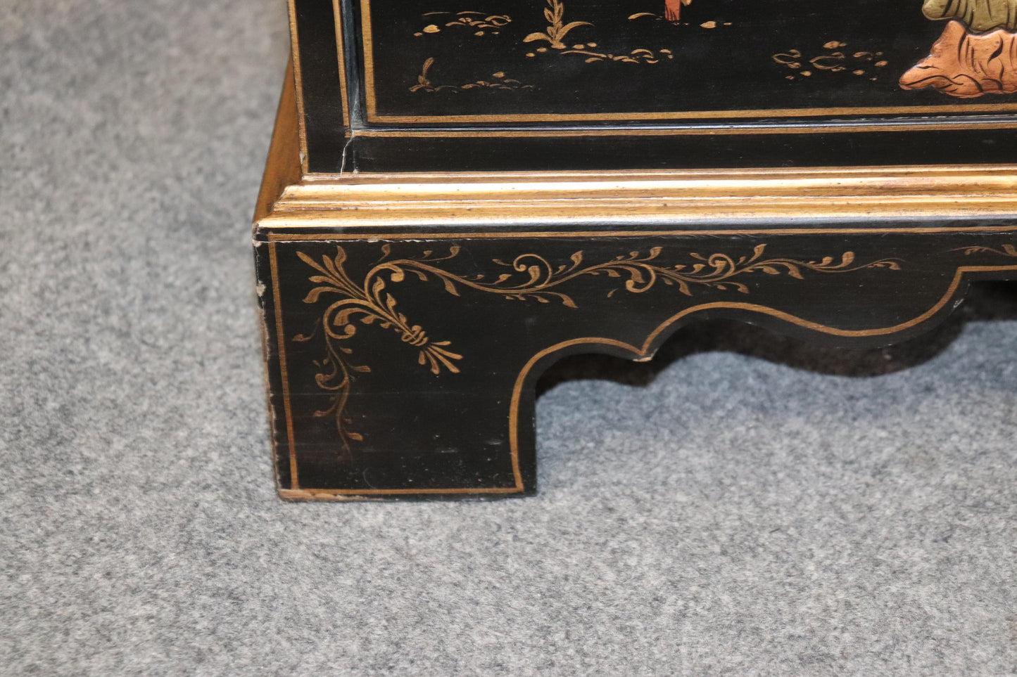 Narrow Raised Lacquer Black Chinoiserie Slatfront Secretary Desk circa 1950