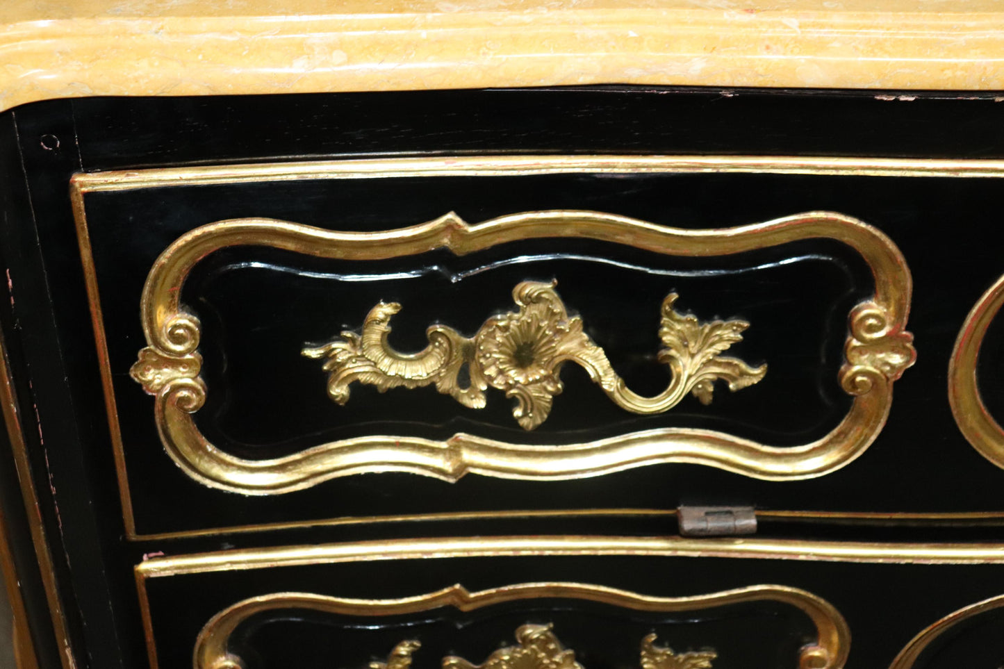 Huge Gilded Ebonized Period French Louis XV Marble Top Butlers Desk Commode