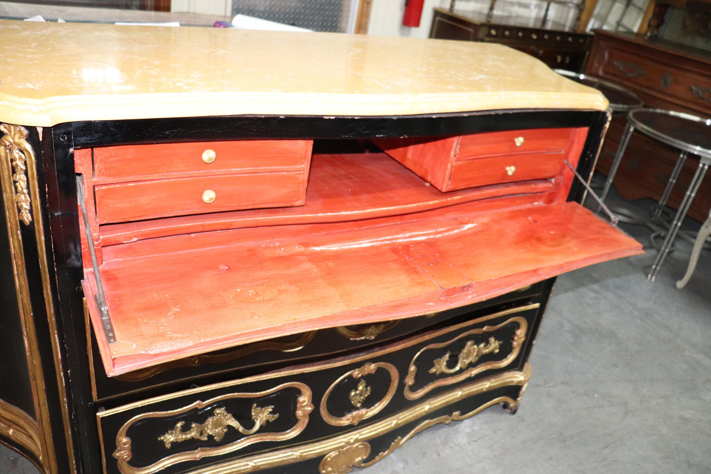 Huge Gilded Ebonized Period French Louis XV Marble Top Butlers Desk Commode