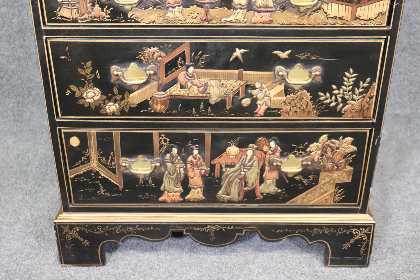 Narrow Raised Lacquer Black Chinoiserie Slatfront Secretary Desk circa 1950