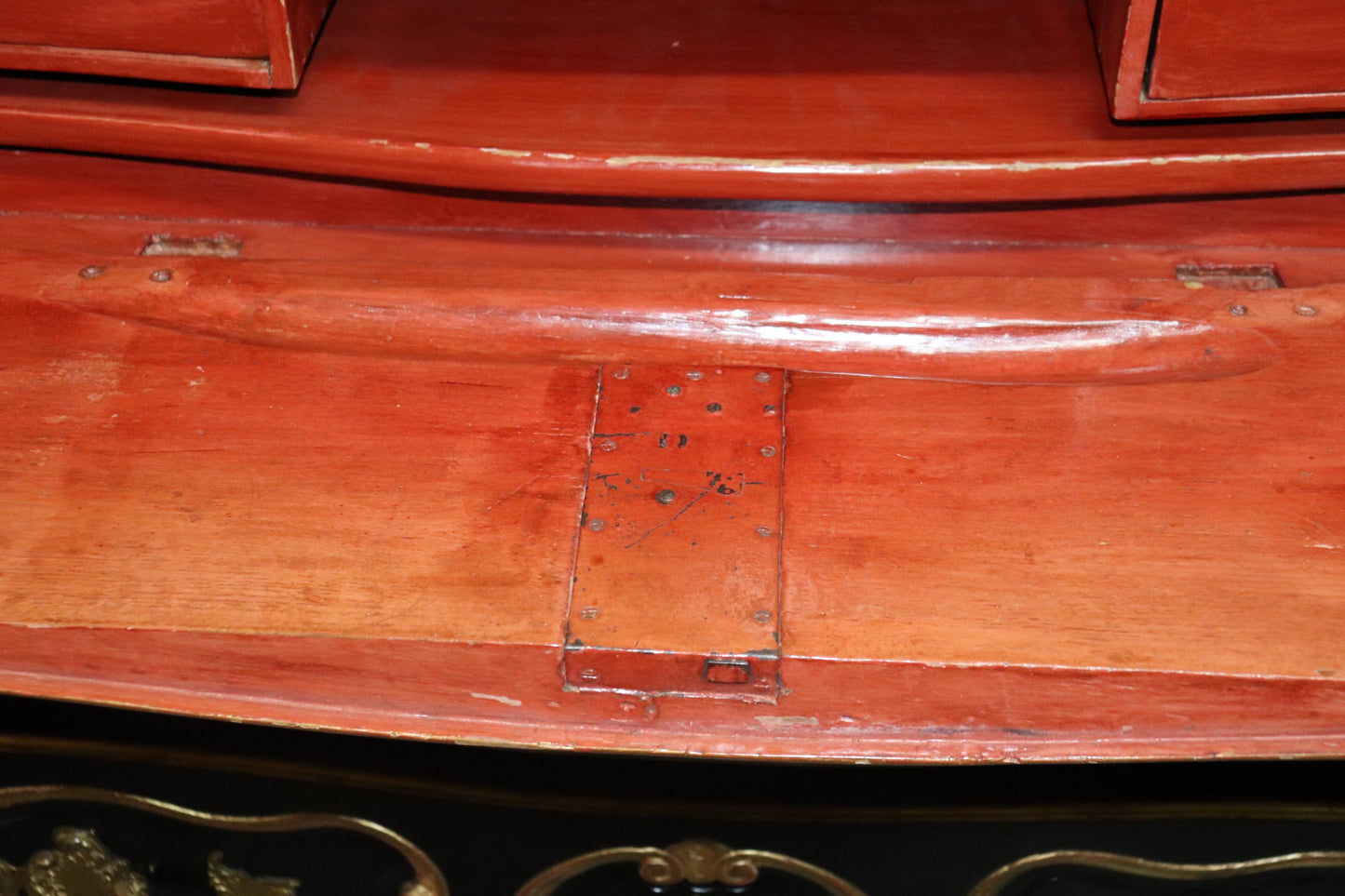 Huge Gilded Ebonized Period French Louis XV Marble Top Butlers Desk Commode