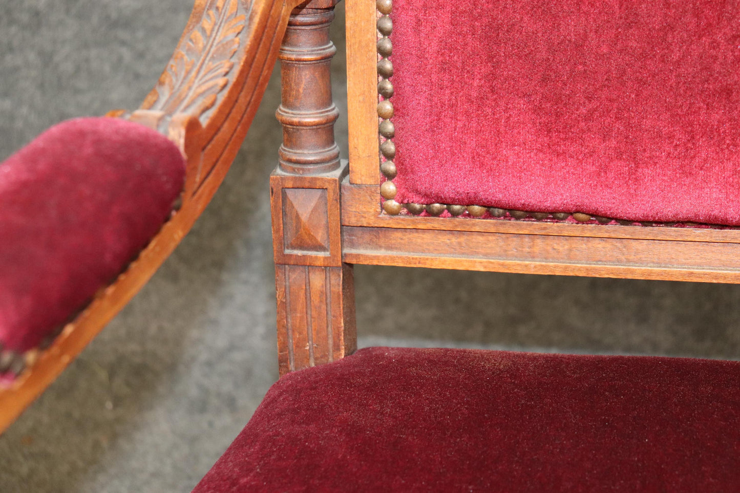 Pair of Carved Walnut Burgundy Velvet Louis XVI Fauteuil Armchairs, circa 1920