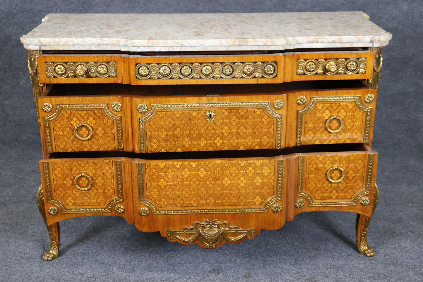 Fantastic Inlaid French Louis XV Double-Thick Marble Top Commode