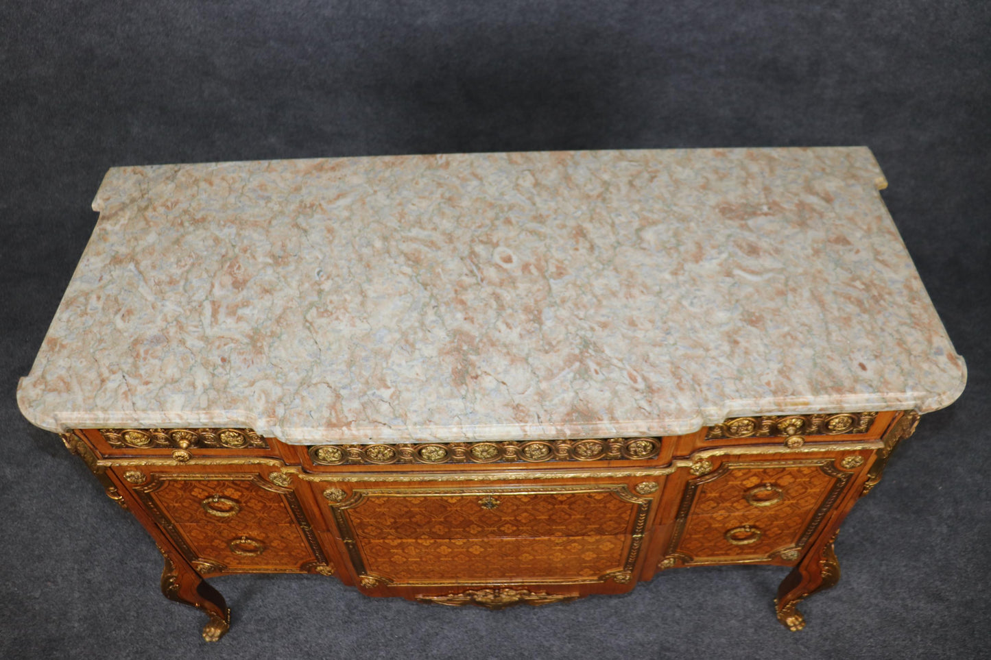 Fantastic Inlaid French Louis XV Double-Thick Marble Top Commode