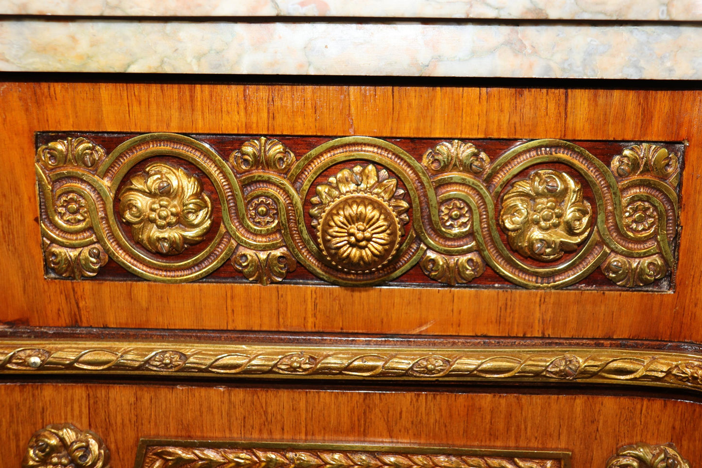 Fantastic Inlaid French Louis XV Double-Thick Marble Top Commode