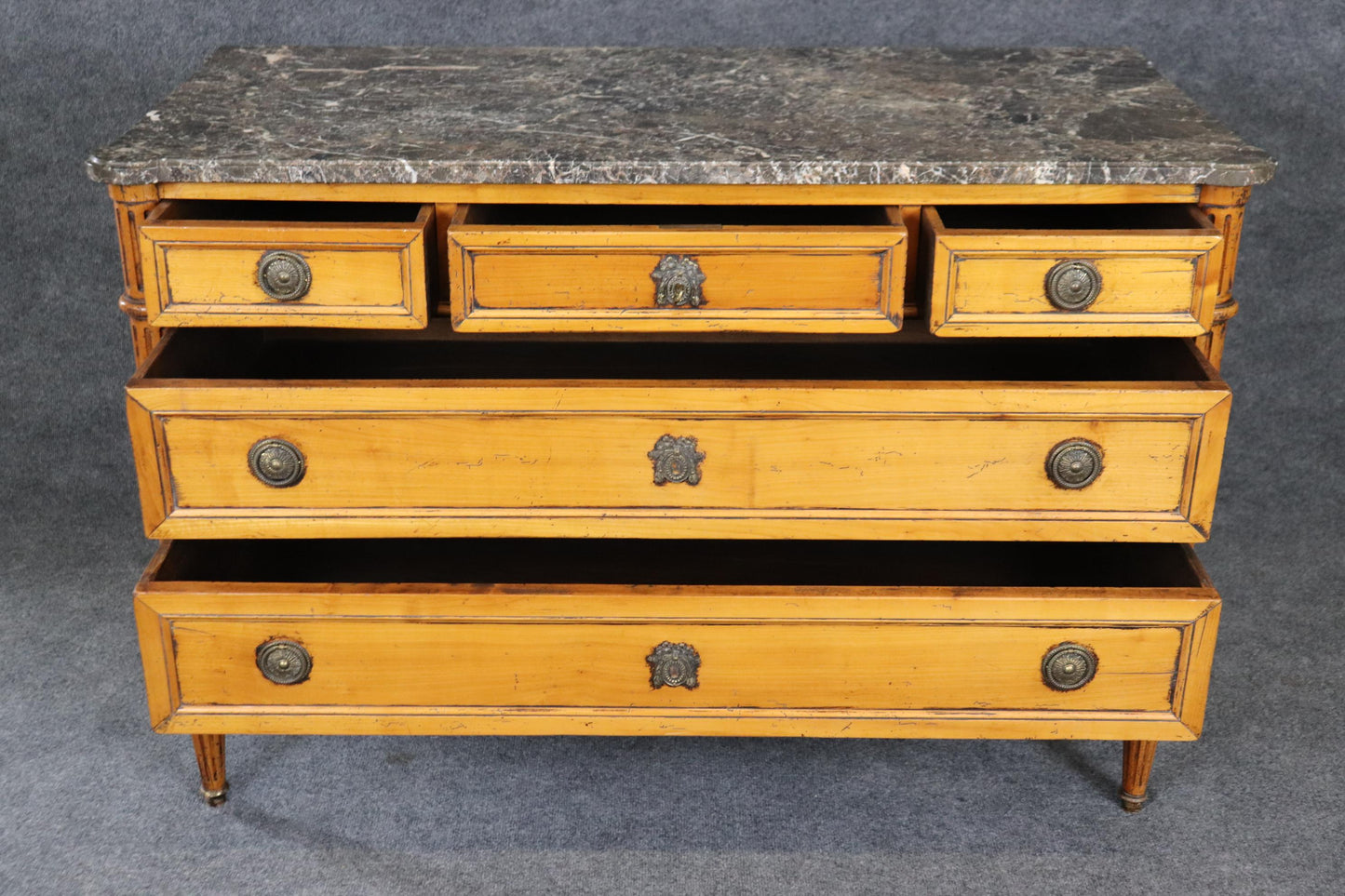 Signed Classic Louis XVI Distressed Walnut Marble Directoire Commode