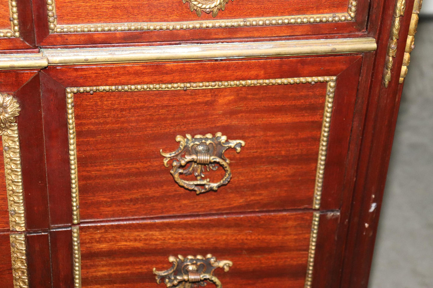 Signed Maison Jansen Directoire Bronze Mounted 3 Drawer Mahogany Commode