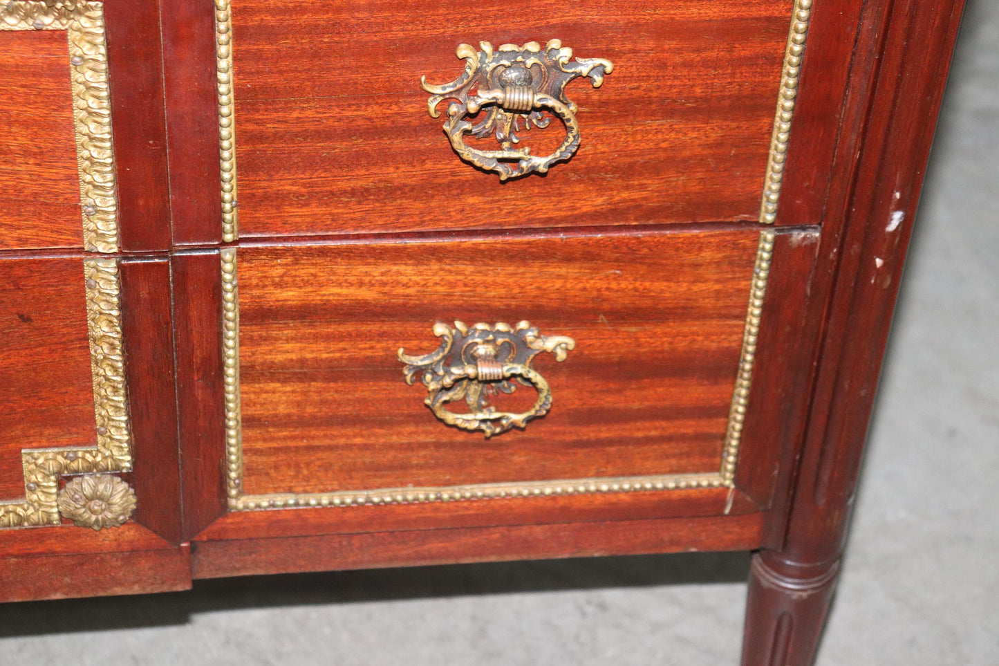 Signed Maison Jansen Directoire Bronze Mounted 3 Drawer Mahogany Commode