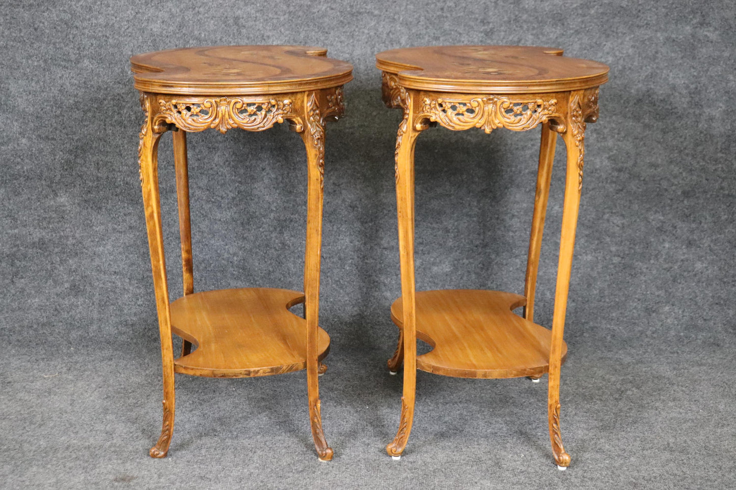 Fine Pair of French Walnut and Satinwood Carved Kidney Shapes End Tables