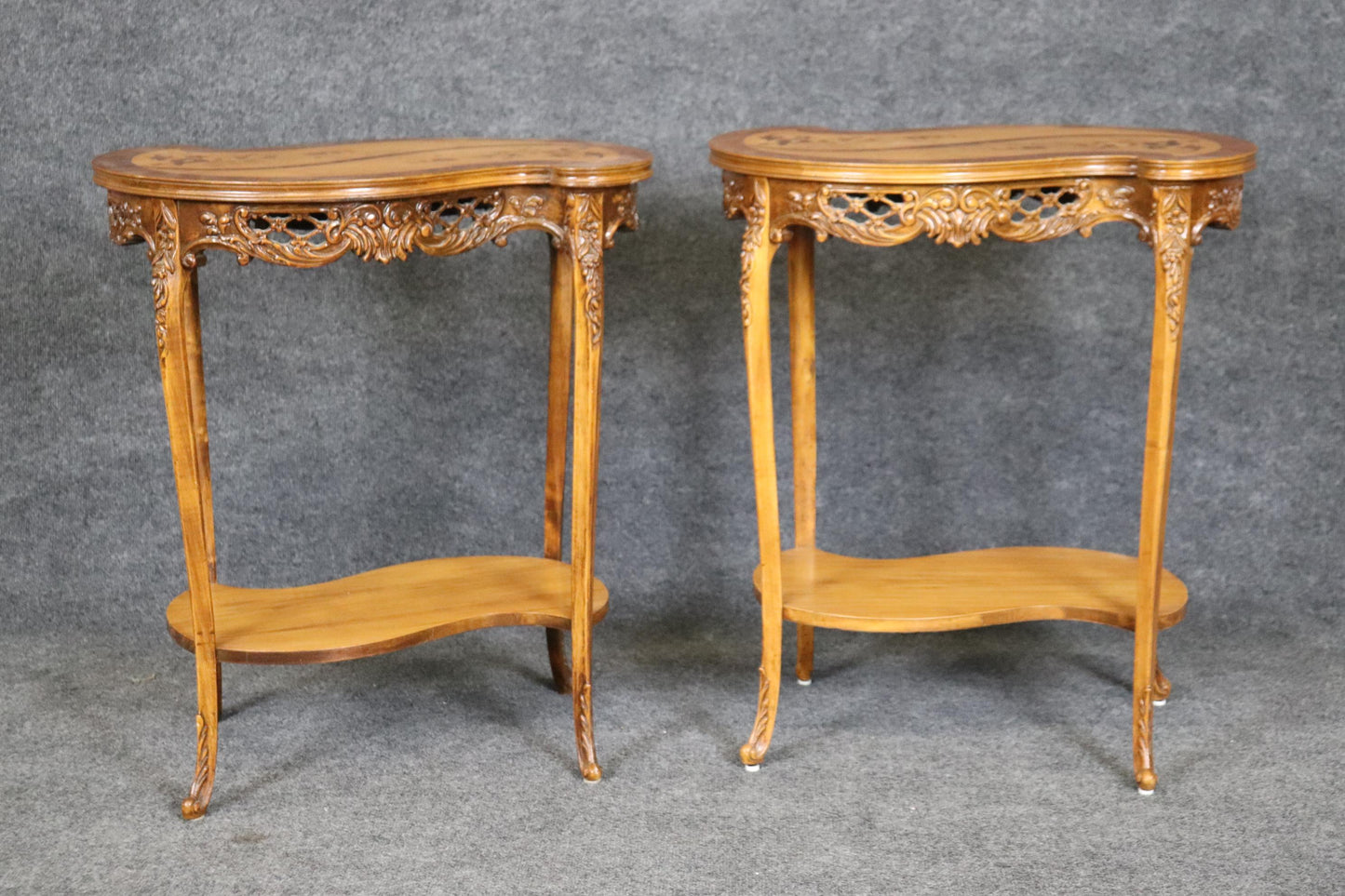 Fine Pair of French Walnut and Satinwood Carved Kidney Shapes End Tables