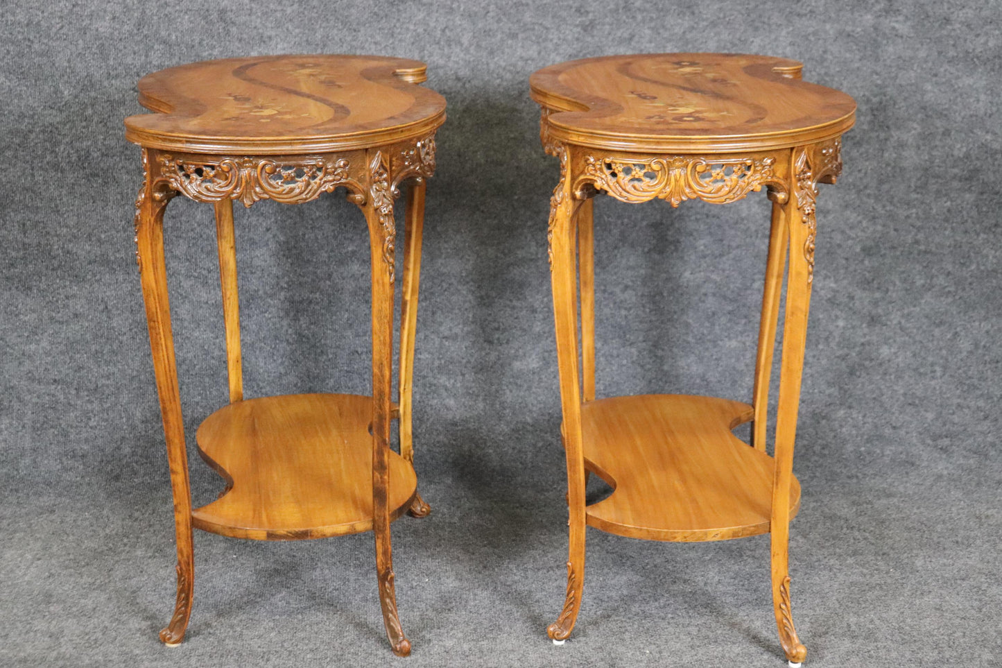 Fine Pair of French Walnut and Satinwood Carved Kidney Shapes End Tables